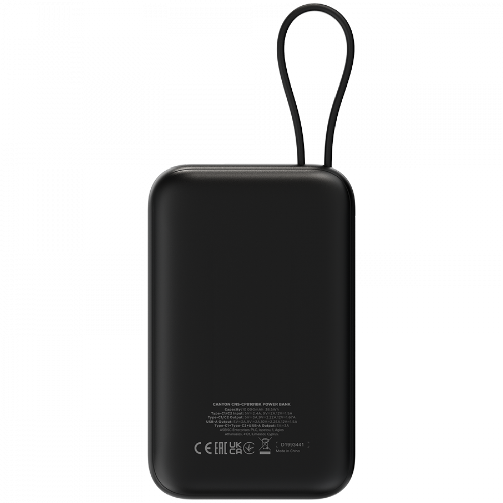 Canyon OnPower 101 10000 mAh 22.5W PD Power Bank with Cable, Black