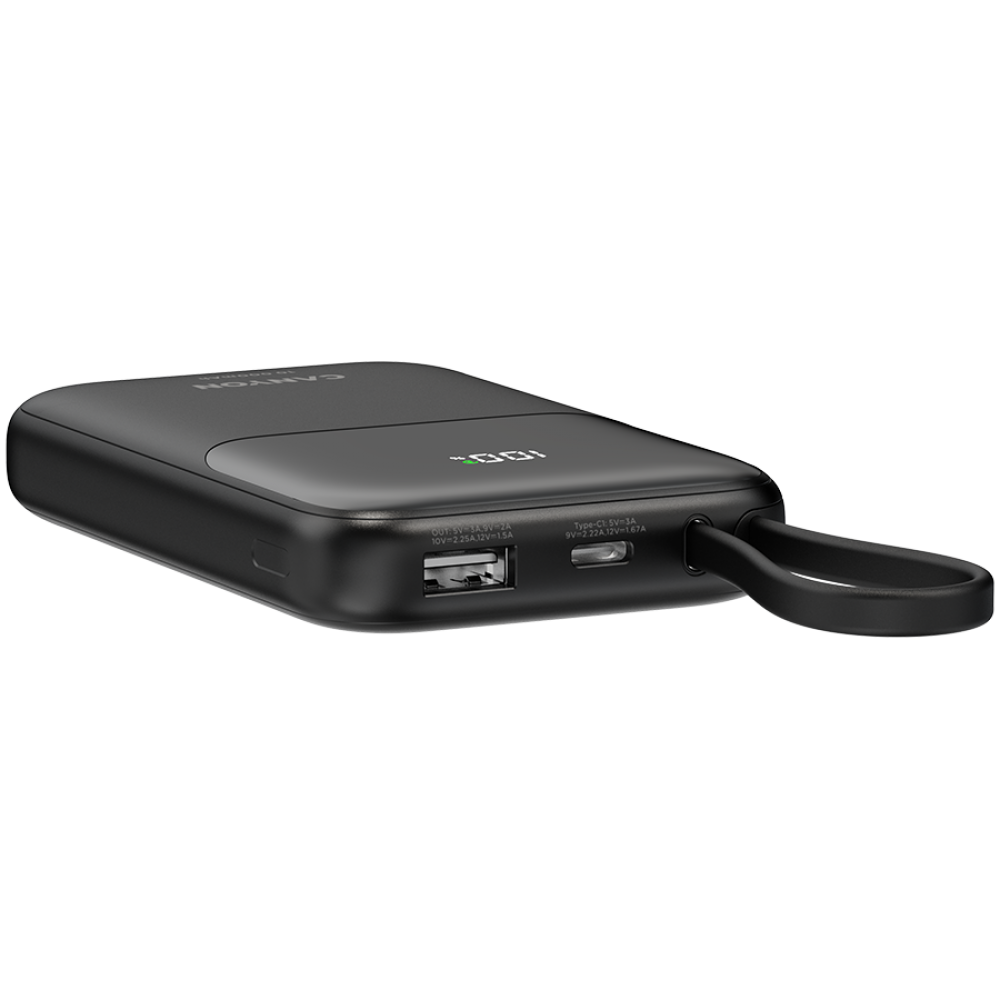 Canyon OnPower 101 10000 mAh 22.5W PD Power Bank with Cable, Black