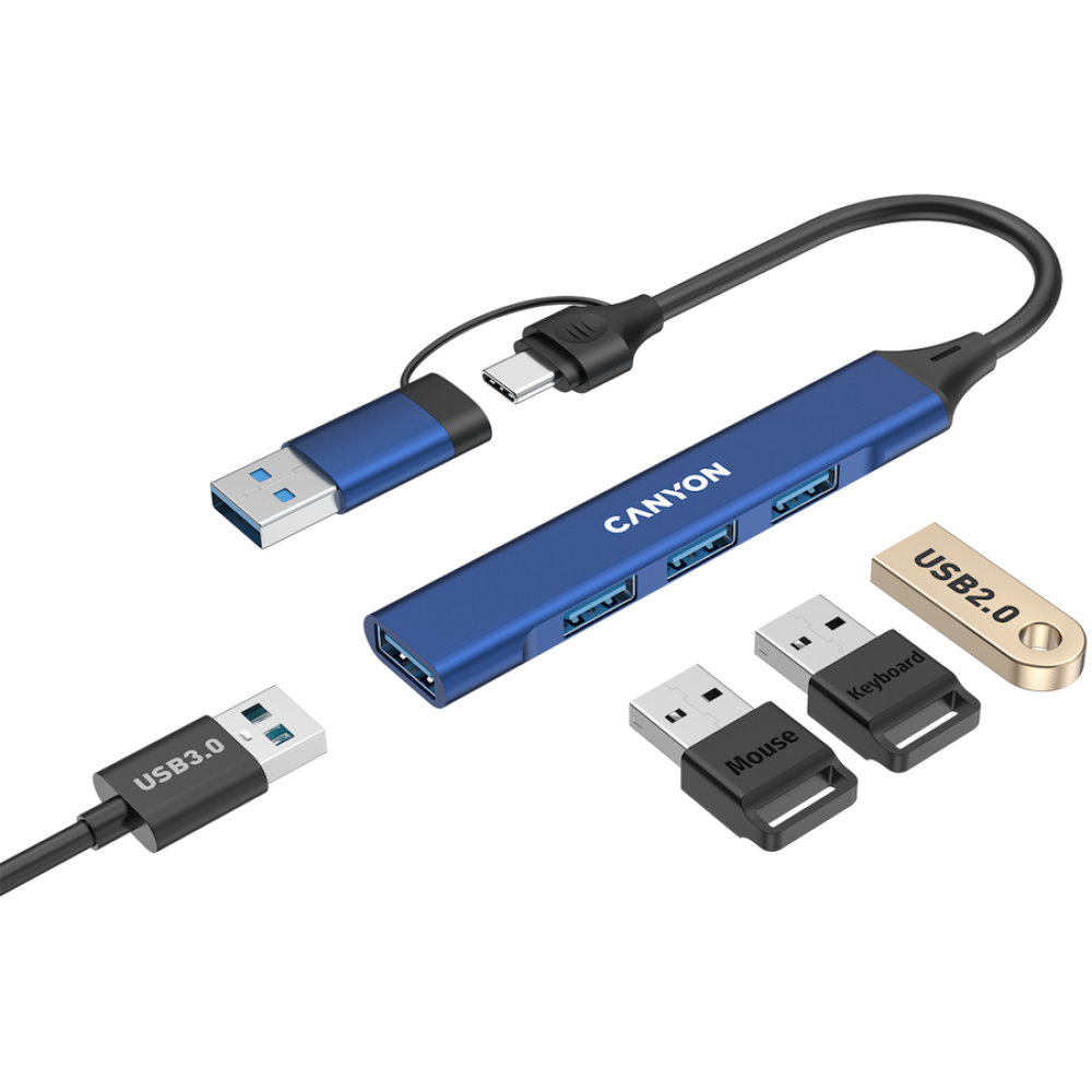 Canyon DS-02 4-in-1 USB-A/C Hub tragbar, blau