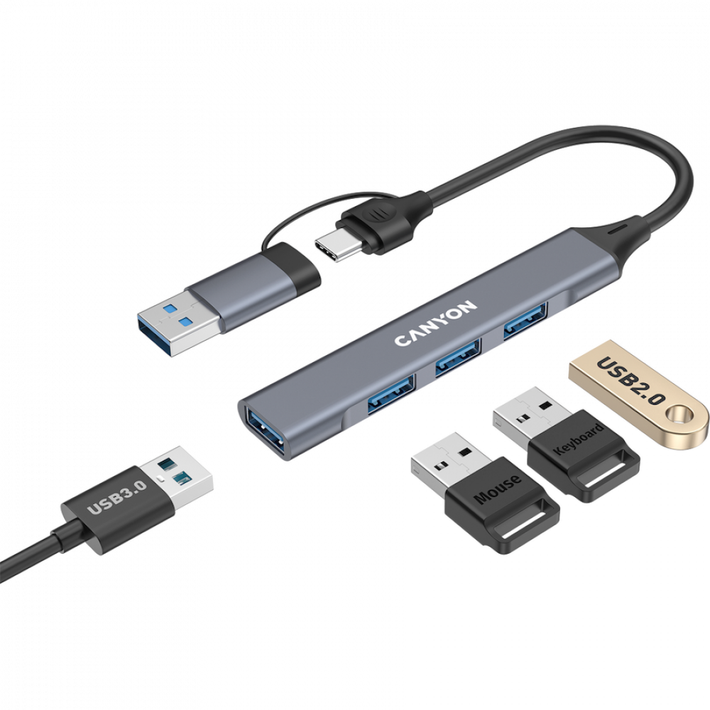 Canyon DS-02 4-in-1 USB-A/C Hub tragbar Grau