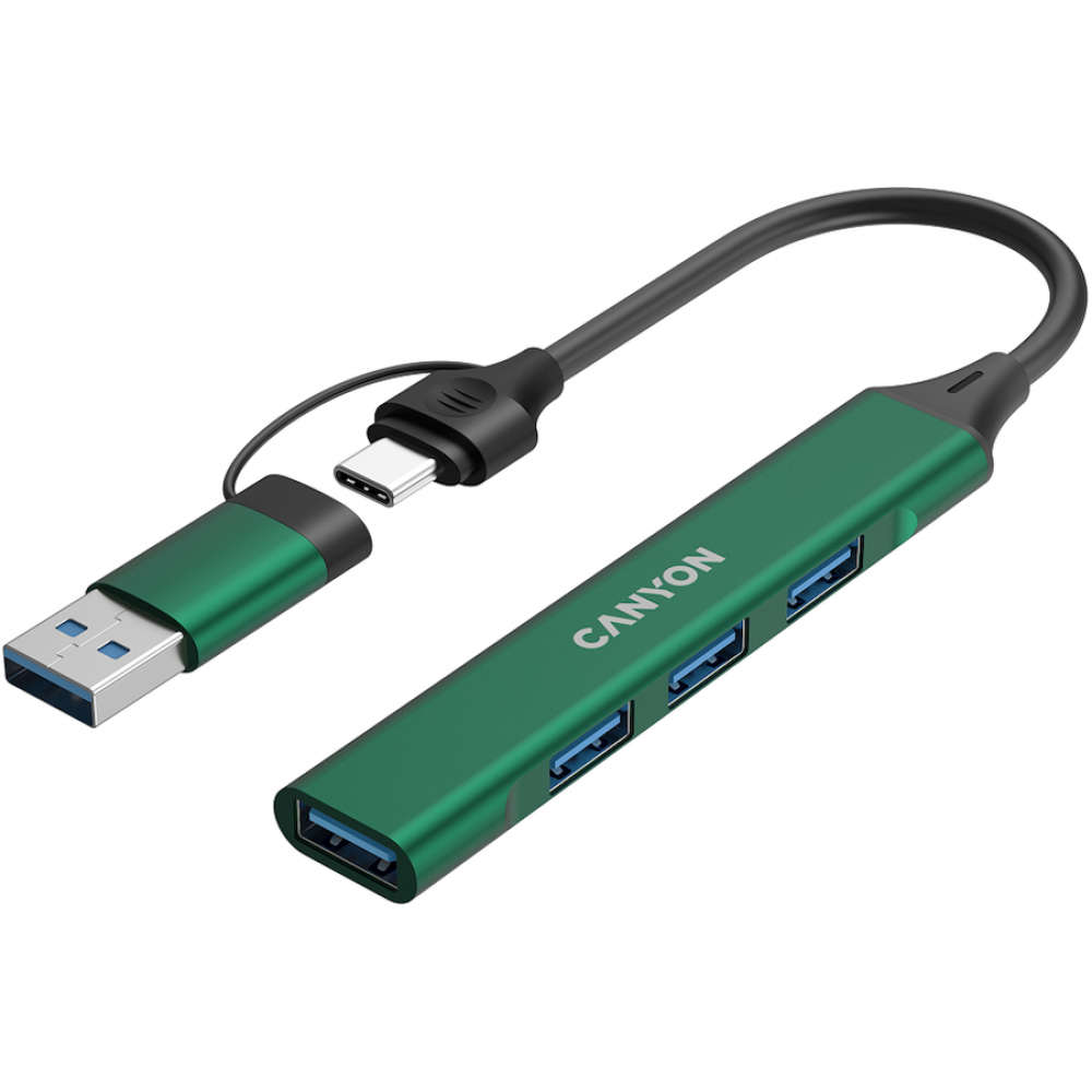 Hub 4 w 1 USB-A/C przenośny Canyon DS-02 zielony