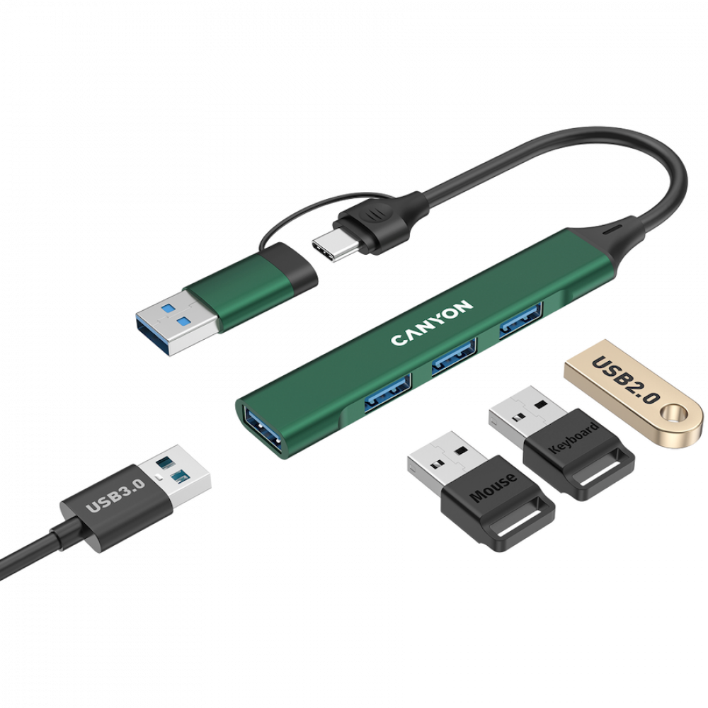 Hub 4 w 1 USB-A/C przenośny Canyon DS-02 zielony