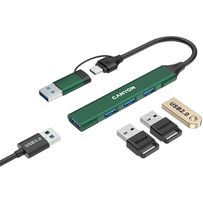 Hub 4 w 1 USB-A/C przenośny Canyon DS-02 zielony