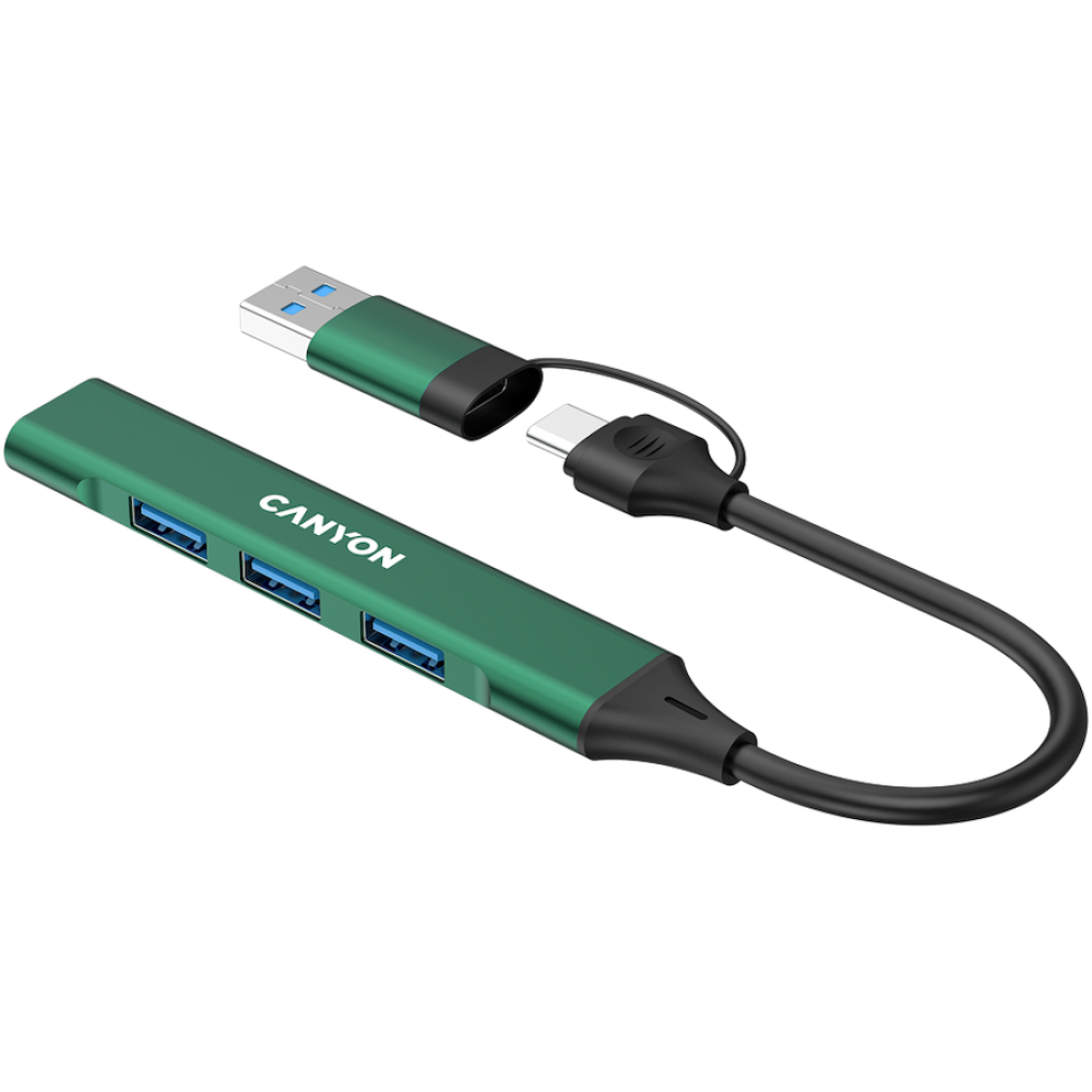 Hub 4 w 1 USB-A/C przenośny Canyon DS-02 zielony