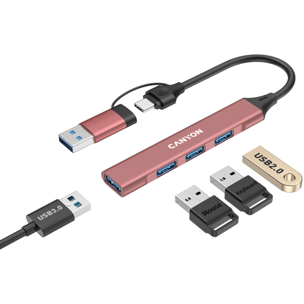 Canyon DS-02 4-in-1 USB-A/C tragbarer Hub, pink