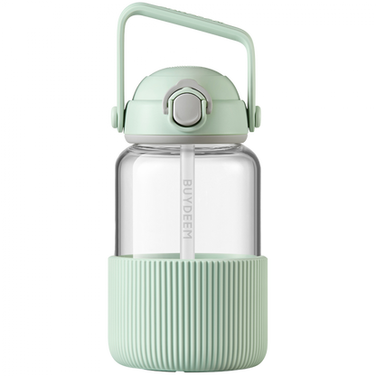 Buydeem DG710 1L Green Glass Water Bottle with Straw