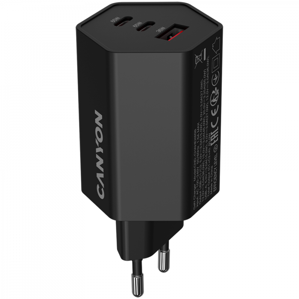 65W GaN 2xPD 1xQC EU Canyon Hexagon Netzladegerät schwarz