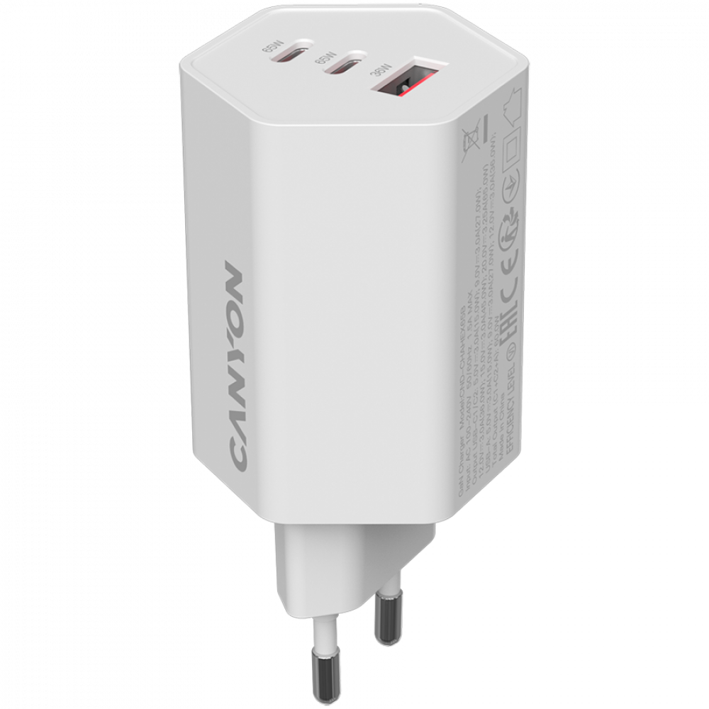 65W 2xPD 1xQC GaN Canyon Hexagon Netzladegerät weiß