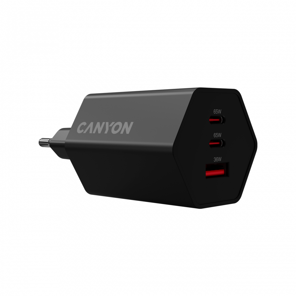 65W GaN 2xPD 1xQC EU Canyon Hexagon Netzladegerät schwarz
