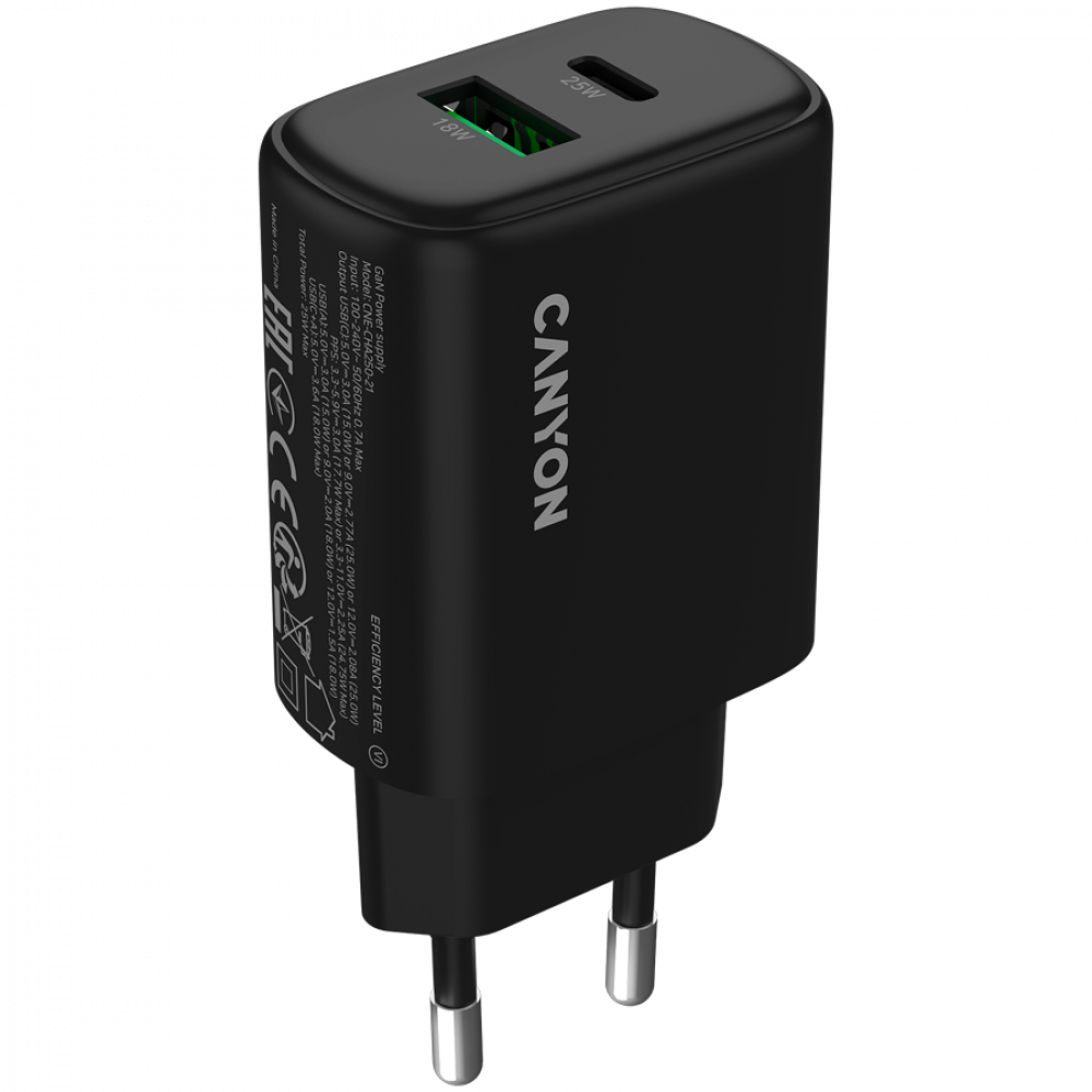 25W 1xPD 1xQC EU Canyon OnCharge 250 Black Wall Charger