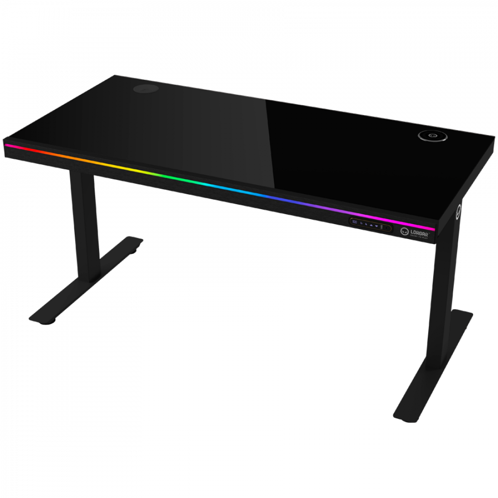 Electrically adjustable gaming desk with RGB, tempered glass, black