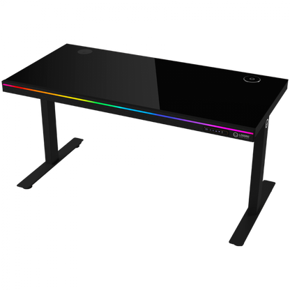 Electrically adjustable gaming desk with RGB, tempered glass, black