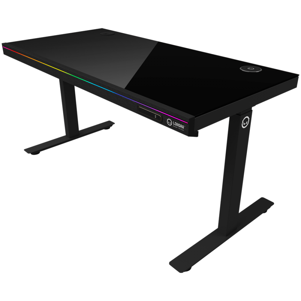 Electrically adjustable gaming desk with RGB, tempered glass, black