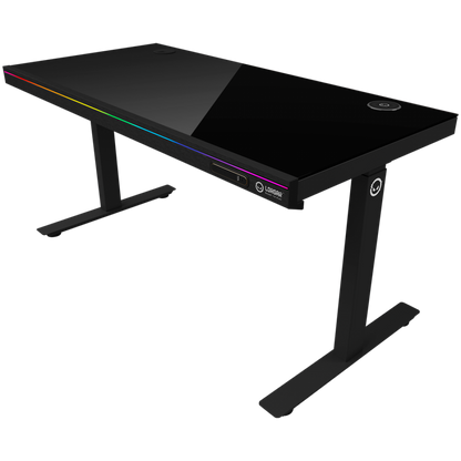 Electrically adjustable gaming desk with RGB, tempered glass, black
