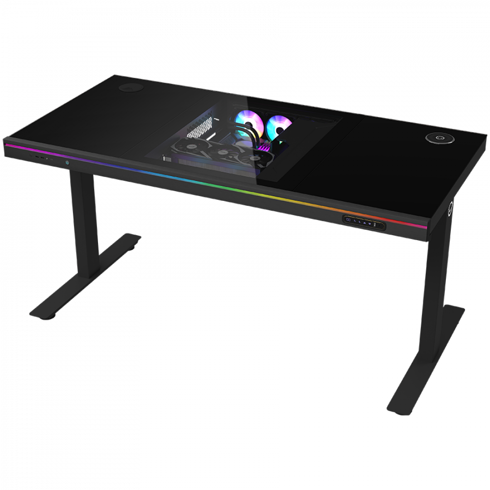 Höhenverstellbarer Gaming-Schreibtisch, mit PC, kabellosem Ladegerät, RGB, schwarz