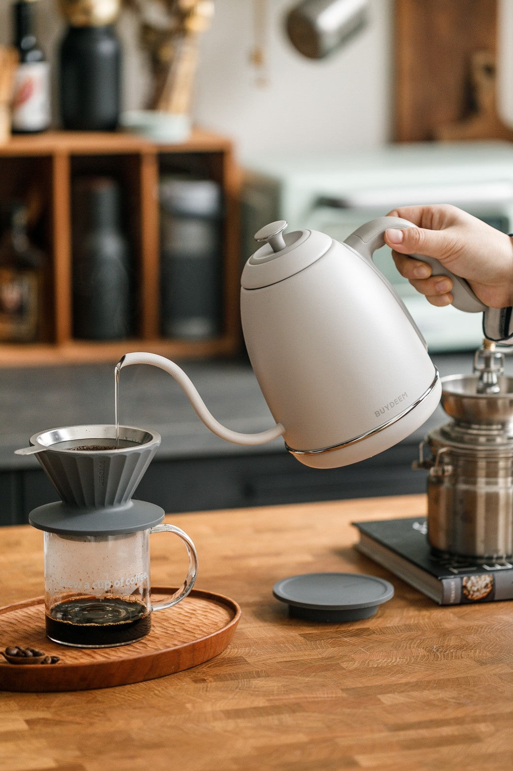 Buydeem K821 Gooseneck Electric Kettle with Temperature Control, Pastel Cream