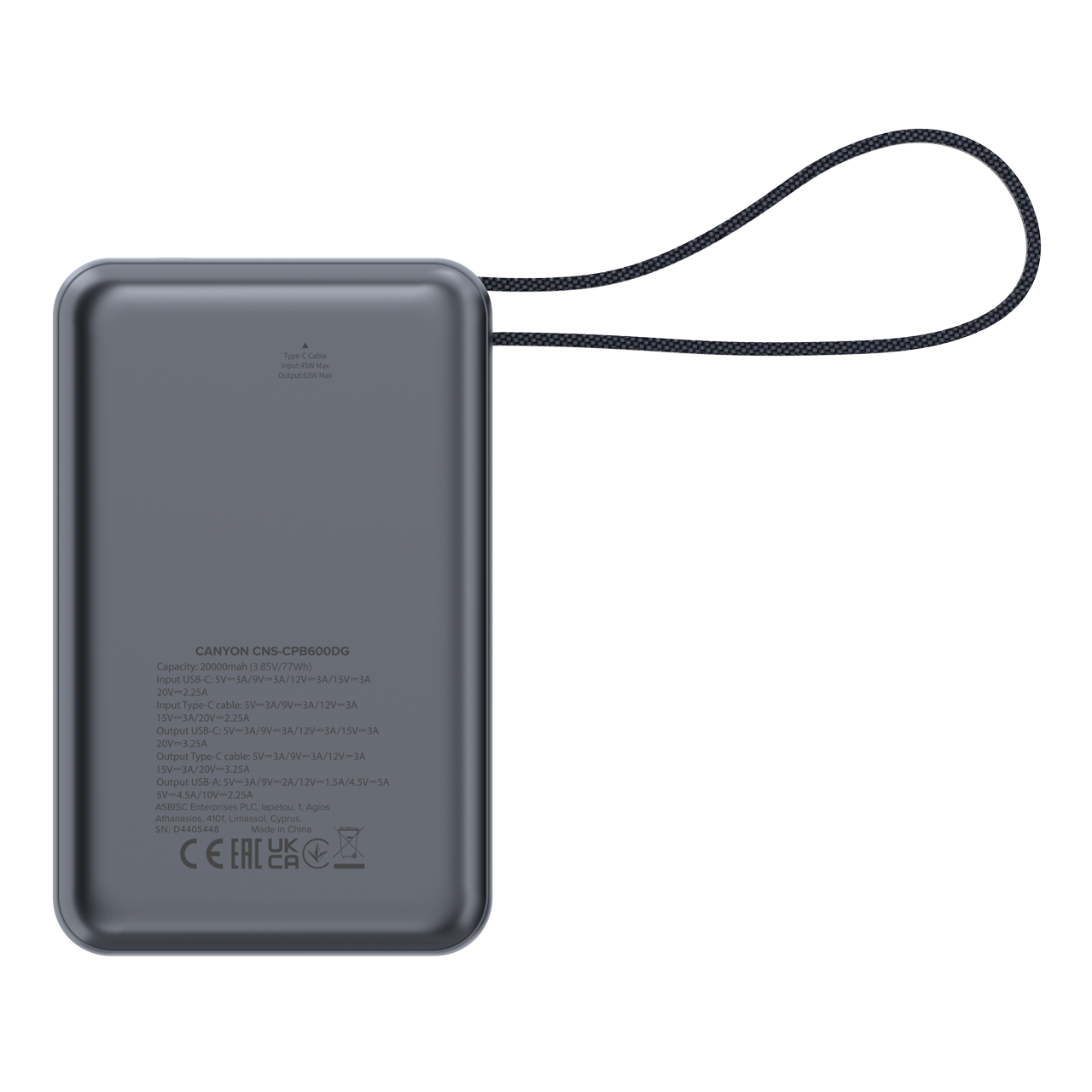 Powerbank 20000 mAh PD 65W z kablem Canyon OnPower 600 grafitowy
