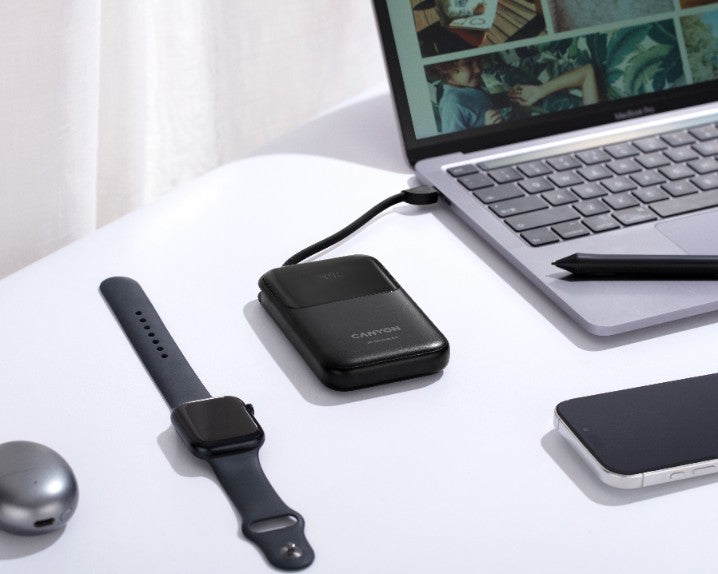 Canyon OnPower 101 10000 mAh 22.5W PD Power Bank with Cable, Black