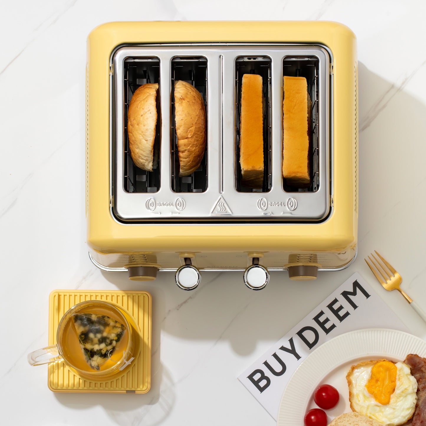 Buydeem DT640E 4-Slice Toaster with Defrost Function, Pastel Yellow