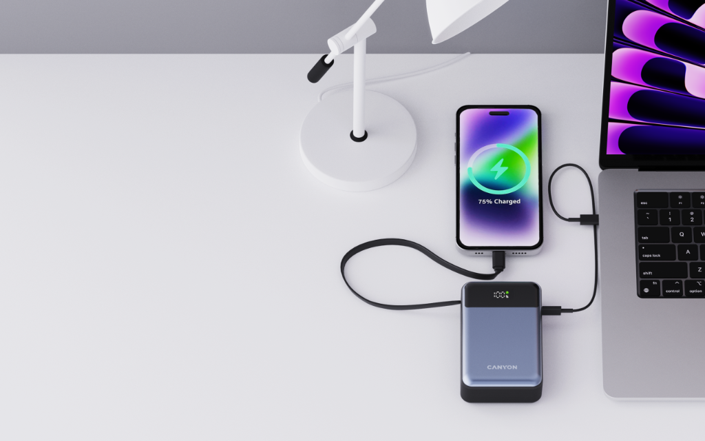 Powerbank 20000 mAh PD 65W z kablem Canyon OnPower 600 grafitowy