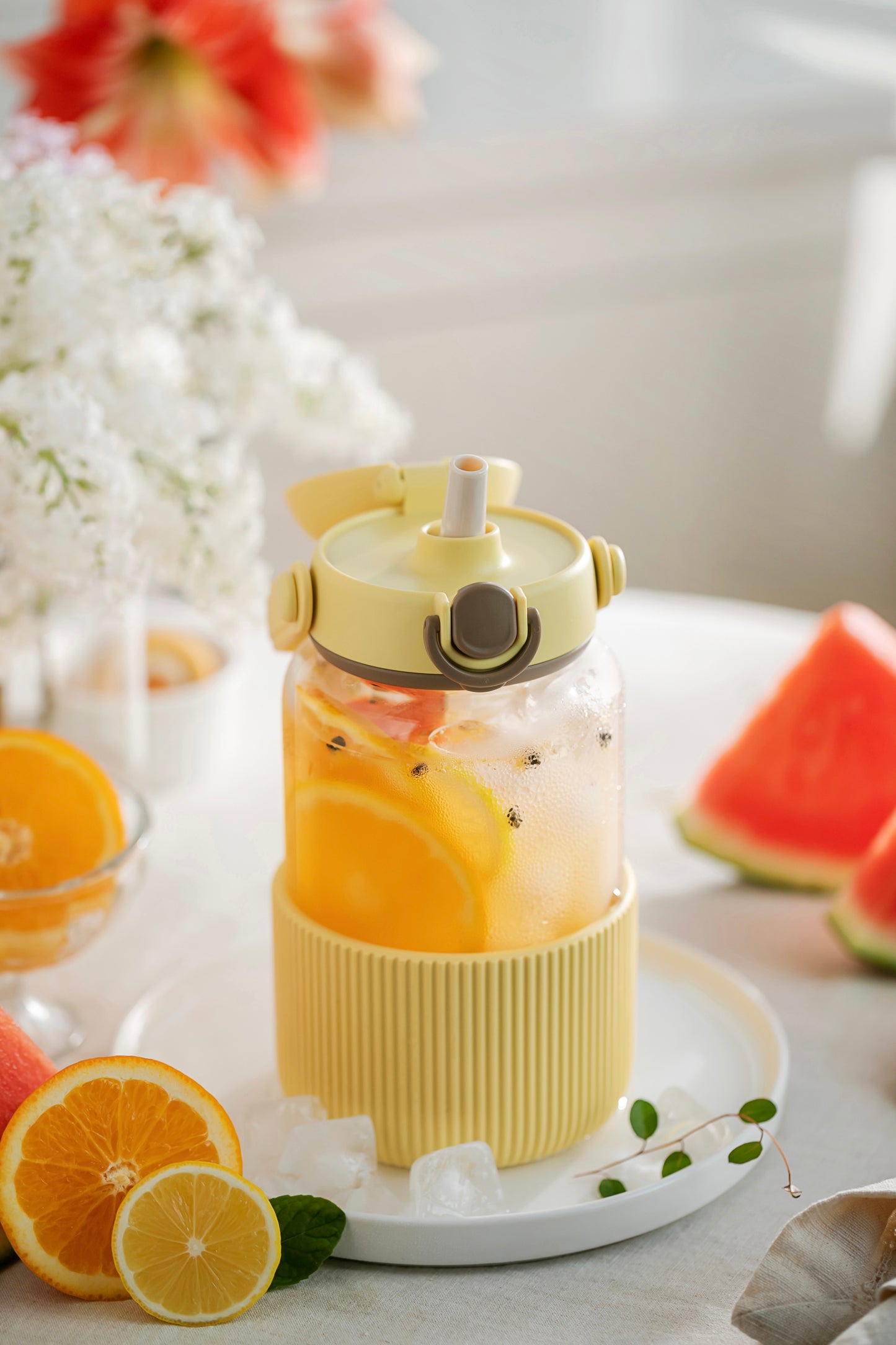Buydeem DG710 1L Glass Bottle with Straw, Pastel Yellow