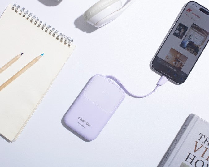 Powerbank 10000 mAh PD 22.5W mit Kabel Canyon OnPower 101 lila