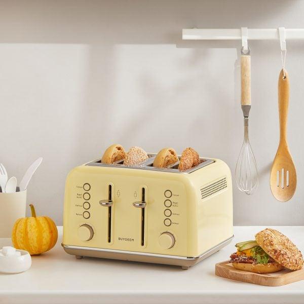 Buydeem DT640E 4-Slice Toaster with Defrost Function, Pastel Yellow