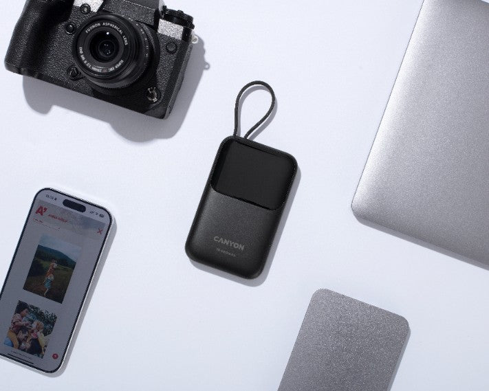 Canyon OnPower 101 10000 mAh 22.5W PD Power Bank with Cable, Black