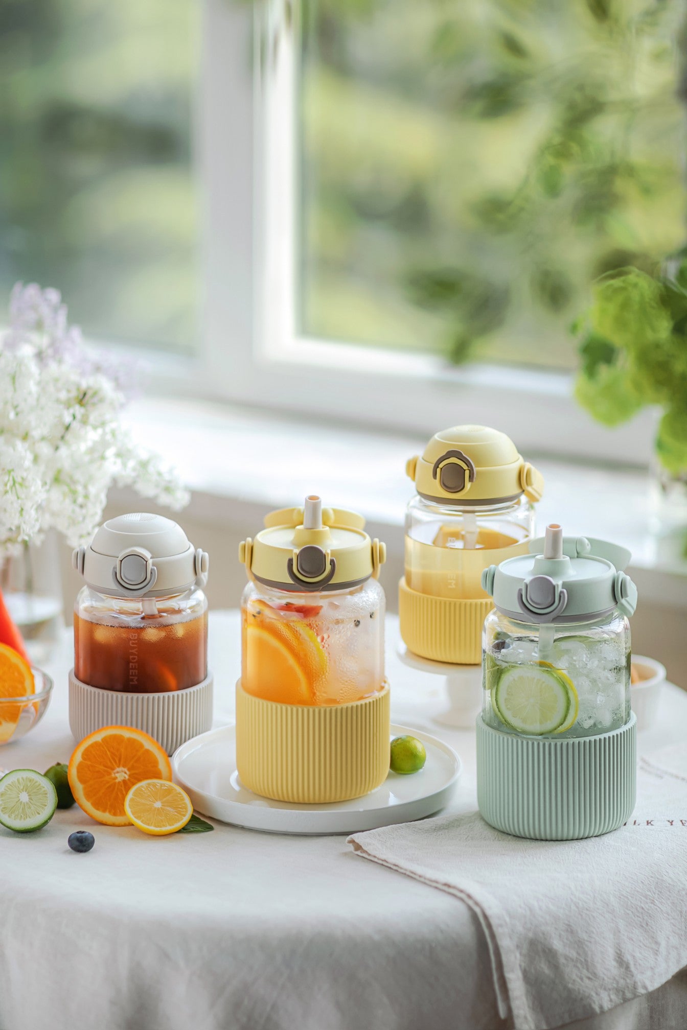 Buydeem DG710 1L Glass Bottle with Straw, Pastel Yellow