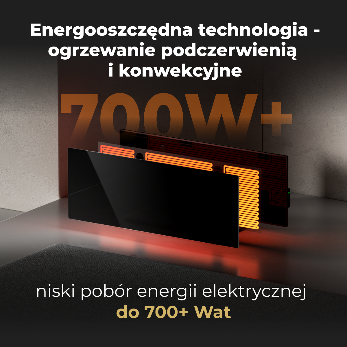 Schlanker elektrischer Glasheizkörper 1 cm Infrarot 700W Aeno Smart schwarz