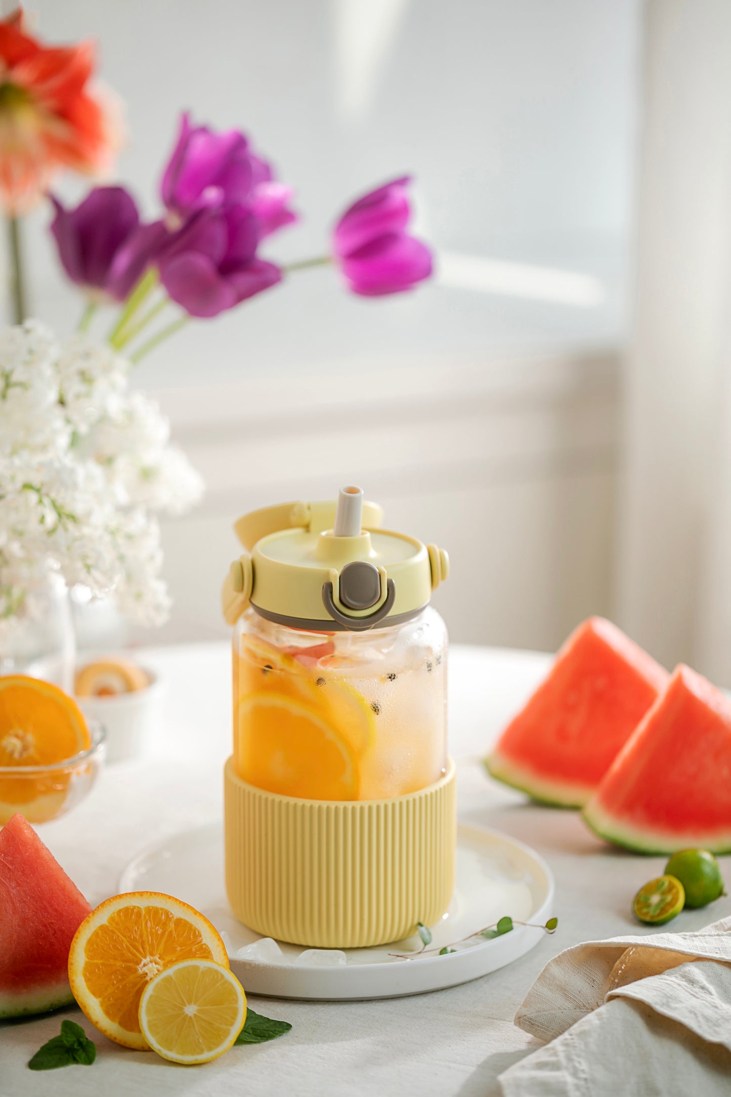 Buydeem DG710 1L Glass Bottle with Straw, Pastel Yellow