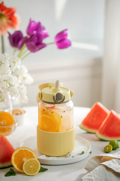 Buydeem DG710 1L Glass Bottle with Straw, Pastel Yellow